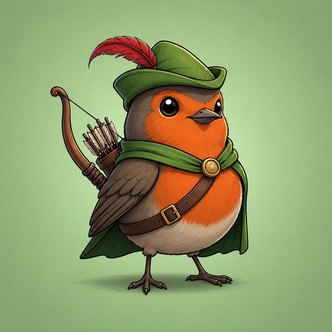 Robynhoods main character, a robin dressed like Robin Hood with bow and quiver